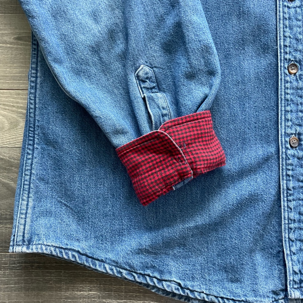 VTG LL Bean Flannel Lined Denim Shirt Shacket Men’s LARGE Blue MADE IN USA - Picture 4 of 13